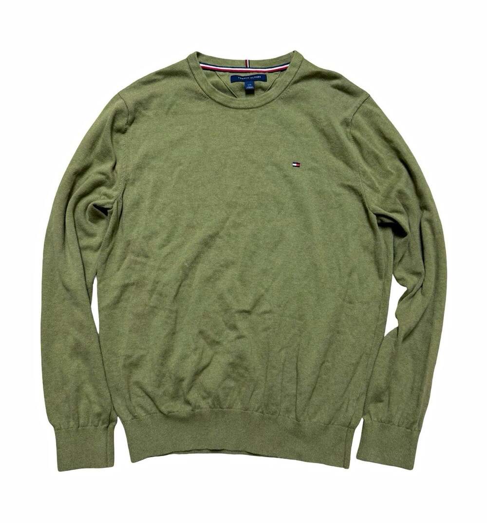 Tommy Hilfiger Knit Cotton Crewneck Pullover Sweater Men’s L Green Solid Logo